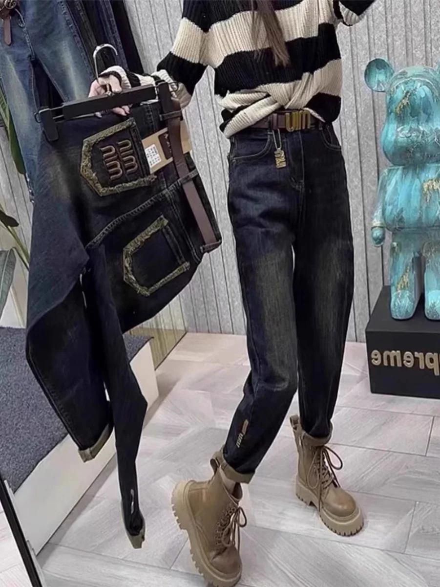 

Джинсы Thiened Fce на подкладке с вышивкой, джинсы с высокой талией, хлопковые эластичные длинные брюки для папы со старой звездами для женщин