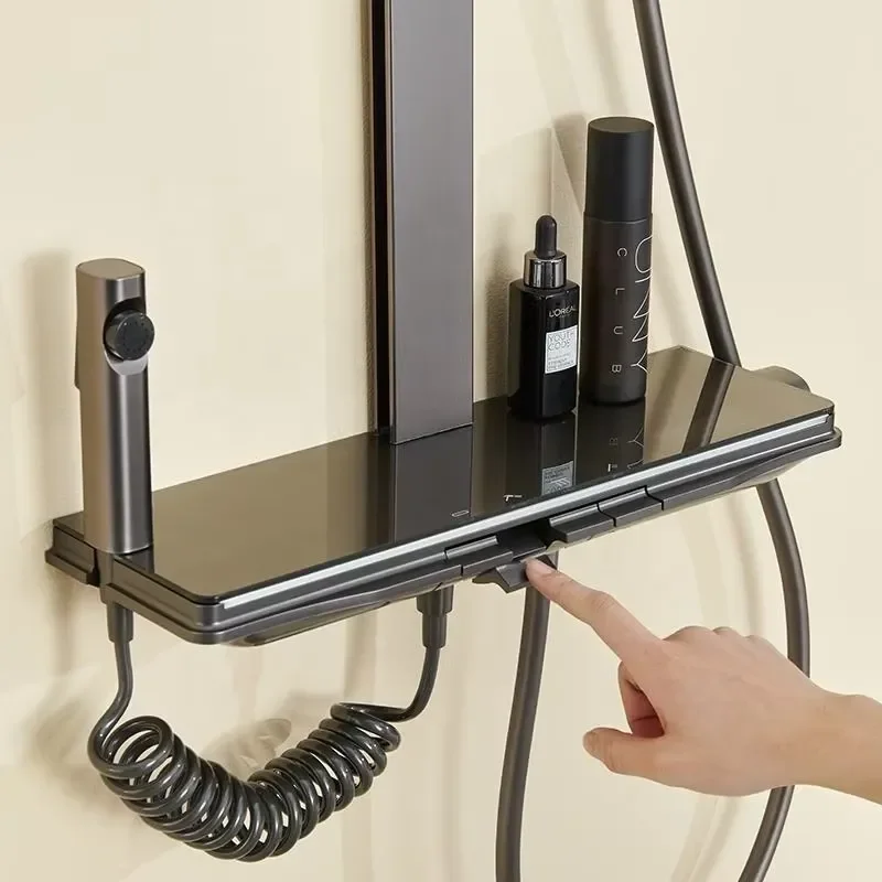 Digital Display Piano Key Waterfall Shower Set Wall Mounted 4 Function Smart Bathroom Faucet System Rainfall Head Black Matte