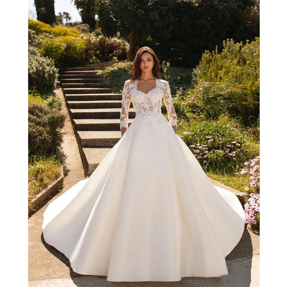 

Customize Engagement Ball A-Line Wedding Dresses Lace Printing Sleeves Bridal Gowns Princess Ball Vestidos De Novias