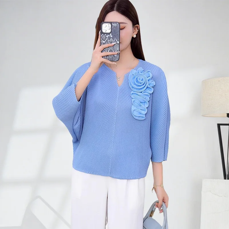 

Pleated Large Size T-shirt Miyake Fall Long-sleeved Temperament Wild Loose Casual Stretchy Top Simple Commuter Women's Clothing