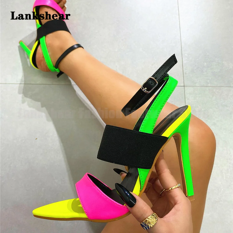 

Female Pointed Toe Buckle Shoes High Heel Color Roman Style Sexy Women Sandals Stiletto Fashion One Word Belt High Heels