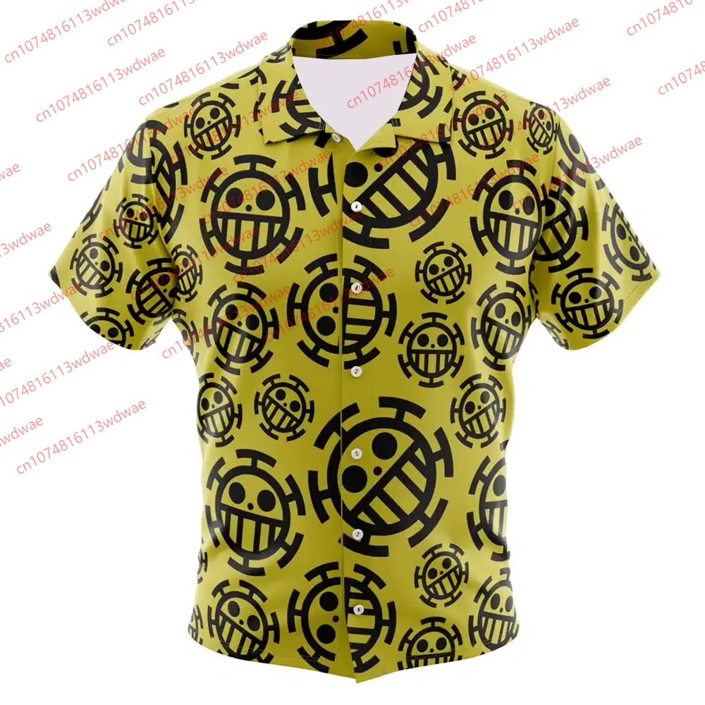 

Цельная рубашка Trafalgar Law, мужская рубашка с сердечком и пиратами, желтый летний аниме, повседневная уличная одежда с короткими рукавами, свободные топы для пар