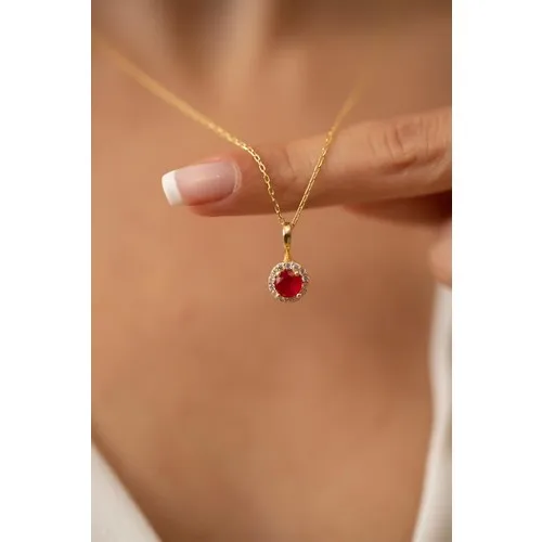 Nineveh Silver Round Model Ruby Cubic Zirconia Gold Plated Silver Italian Necklace