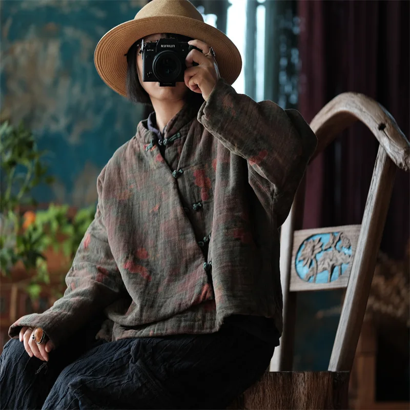 

Женское зимнее однобортное хлопковое пальто Parker с воротником-стойкой и длинными рукавами, новинка 2025, винтажное свободное короткое стильное женское пальто с принтом