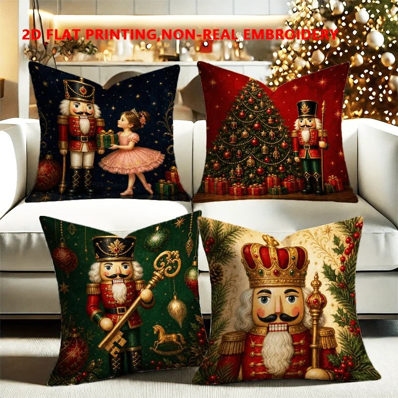 2D FLAT-4pc Christmas Nutcracker Throw Pillow Covers Sofa and living room decoration, without pillow core