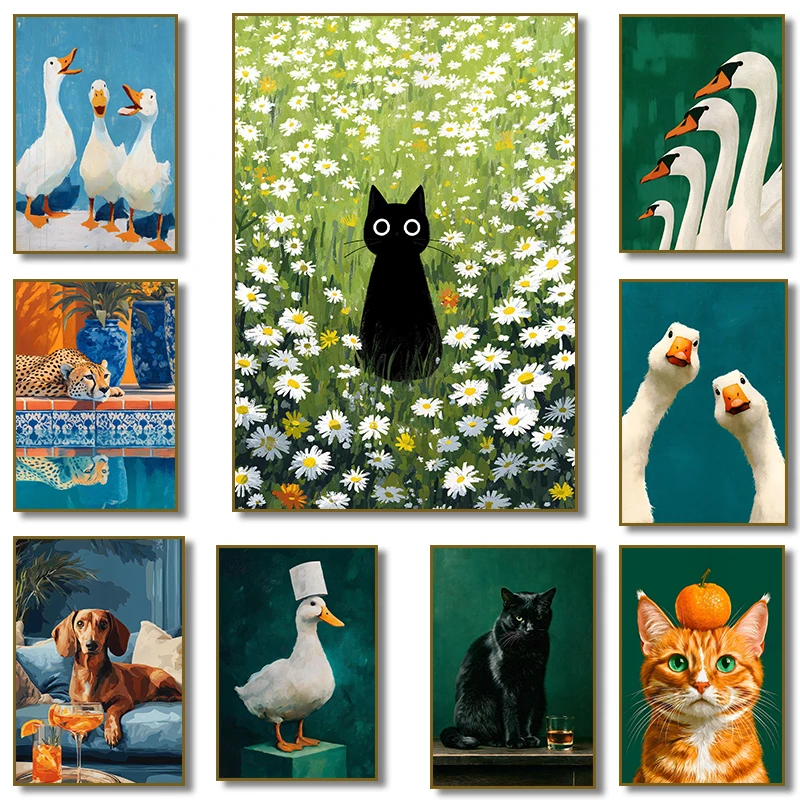 Cute Ginger Cat Goose Black Cat Daisies Duck Portrait Poster Canvas Painting Print Wall Art Picture for Living Room Home Decor