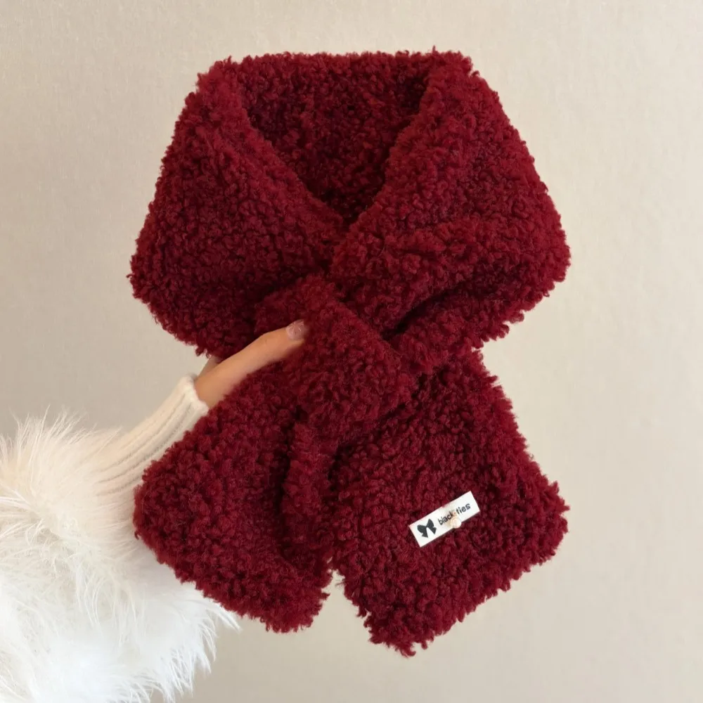 Korean Version of Burgundy Plush Scarf, Soft Waxy, Warm Neck Protection, Imitation Lamb Wool Thickened Student Versatile Scarf