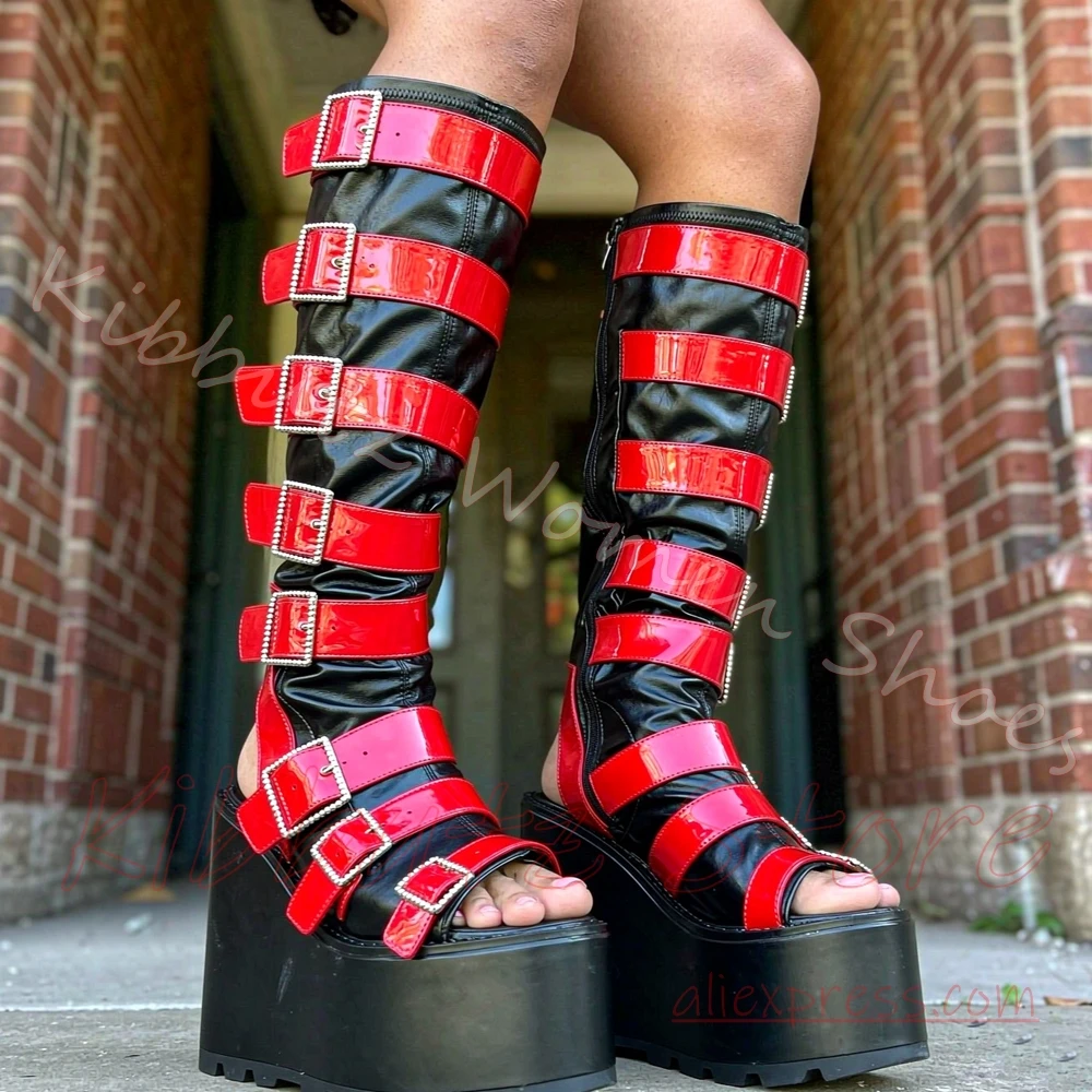 Multi Buckle Platform Sandal Boots Knee High Cutout Women Open Toe Wedge Shiny Patent Leather Punk Rave Leather Mixed Color New