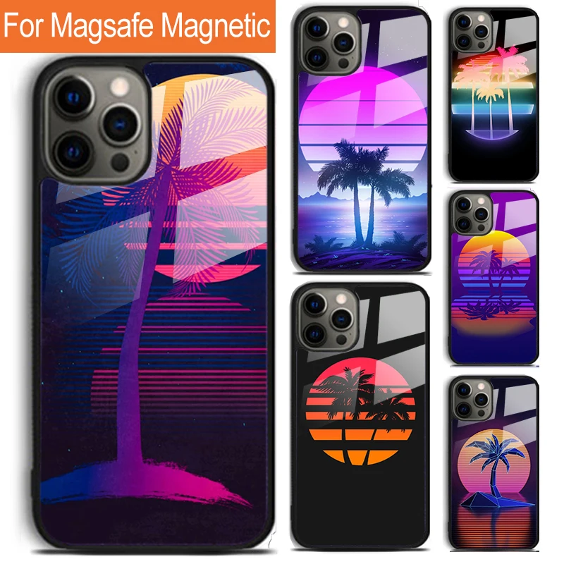 80s Retrowave Neon Palms Tree Phone Case For iPhone 16 15 14 13 12 11 Pro Max Plus Magsafe Magnetic Wireless Charging Cover