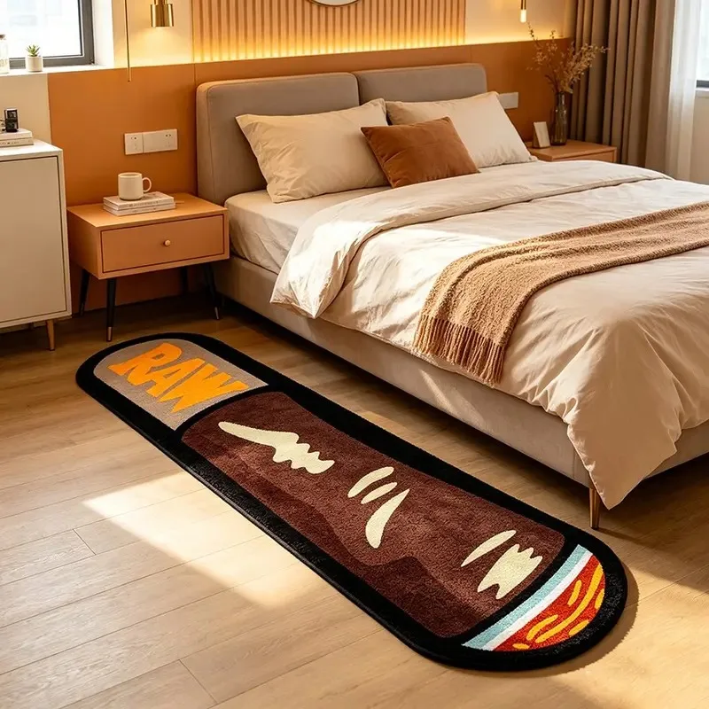 VIKAMA RAW Cigarette Shaped Long Fluffy Carpet, Trendy Printed Anti Slip Bedside Mat, Unique Floor Rug for Bedroom Home Decor