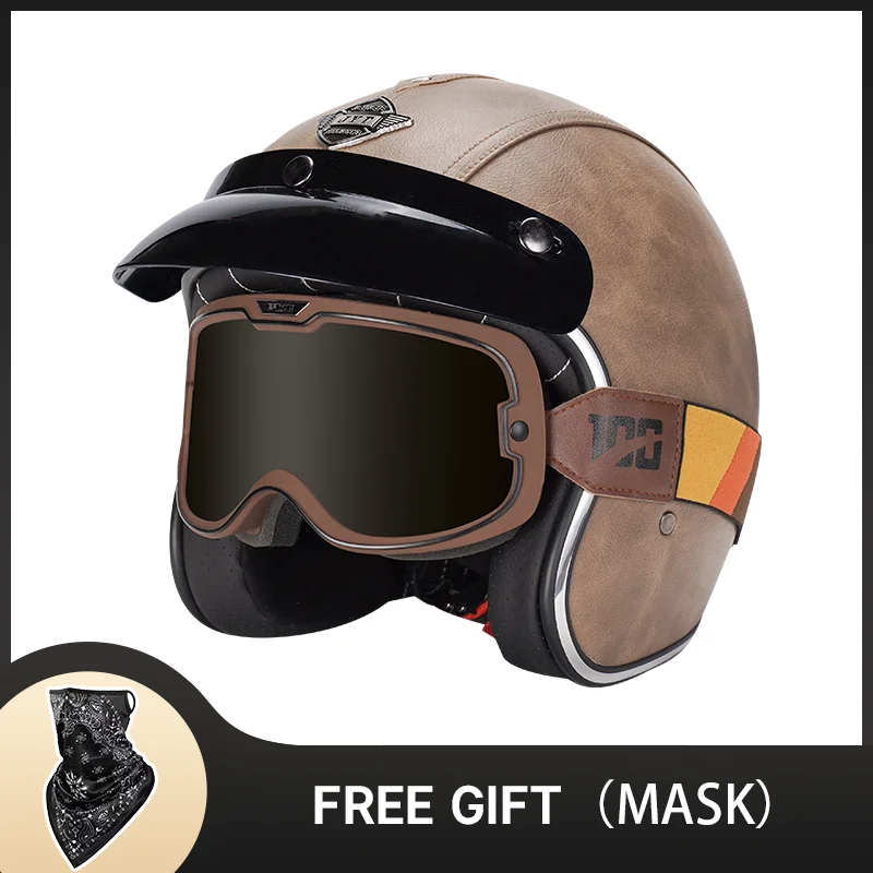 

Vintage Retro Open Face Retro Helmet Jet PU Leather Motorcycle Helmets for Motocross Scooter with Glasses