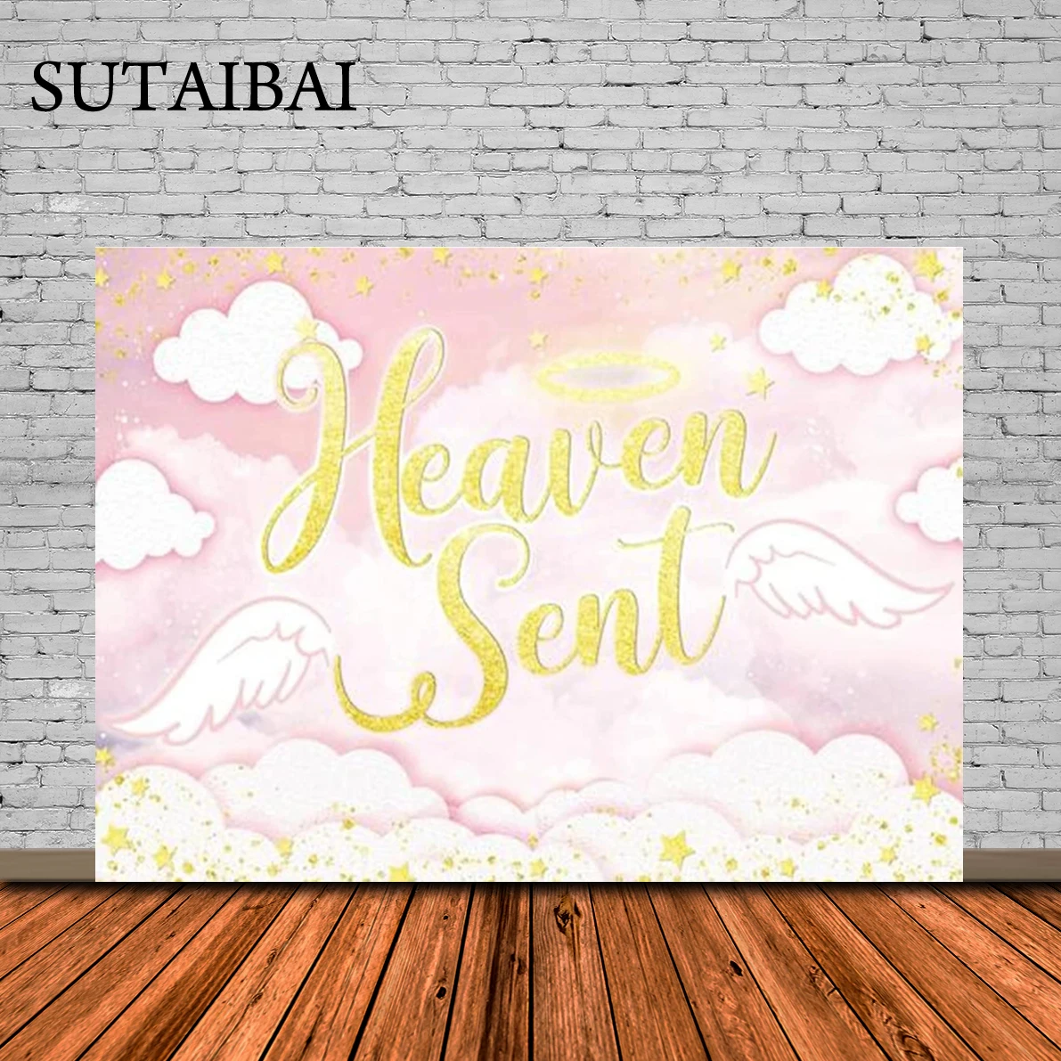 

Pink Heaven Sent Backdrop Girl Baby Shower Decorations Angel Wings Cloud Kids Party Supplies Photo Banner Booth