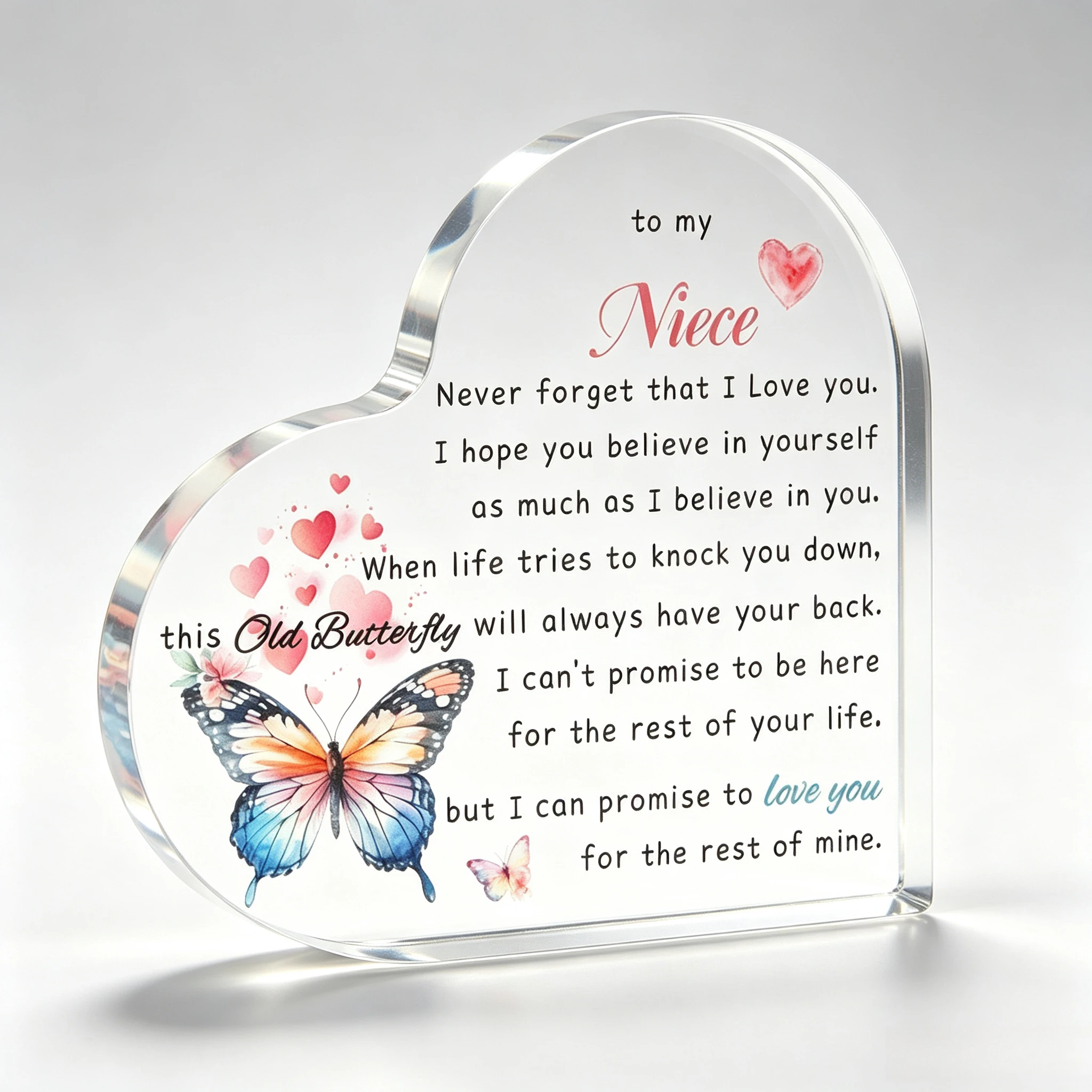 To My Niece Heart‑Shaped Acrylic Tabletop Plaque, Colorful Butterfly Inspirational Desk Keepsake Gift