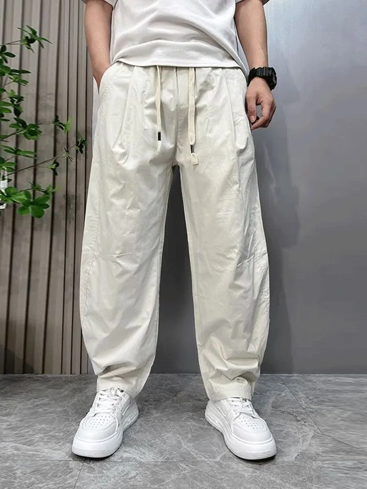 

Summer Trendy Loose American Casual Pants Elastic Waist Harlan Straight Leg Workwear Trousers ex Breathable Polyester Fiber