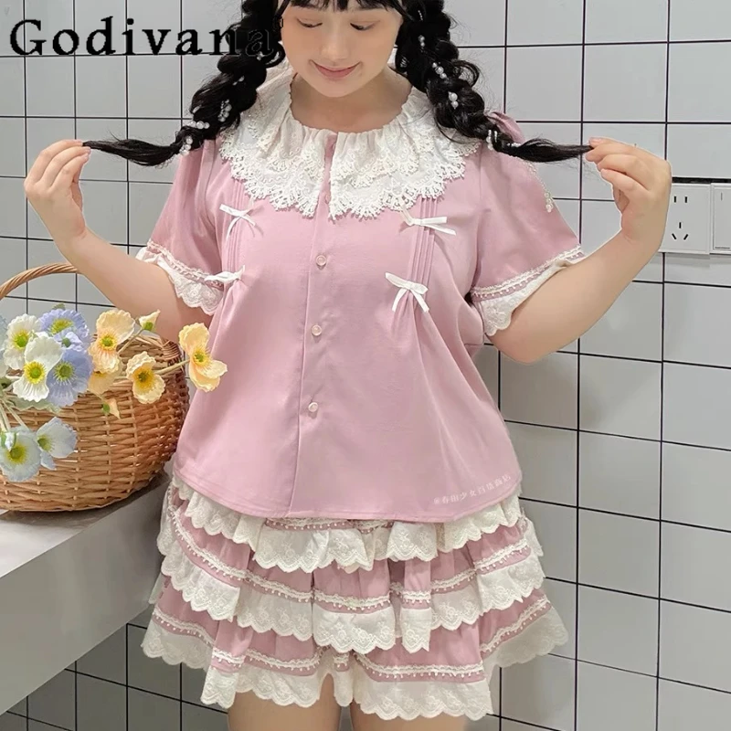 

Sweet Pink Peter Pan Collar Short-sleeved Bow Temperament Korean Shirt Elegant A-line Versatile Age-reducing Mini Cake Skirt