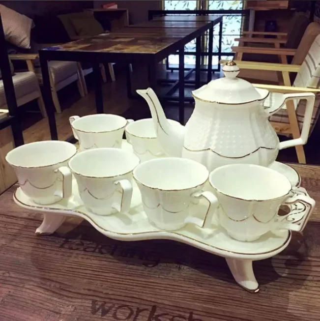 

Teapot Set European Modern Afternoon 6pcs Gold Rim Porcelain Tea Cup with Tray Ceramic 2024