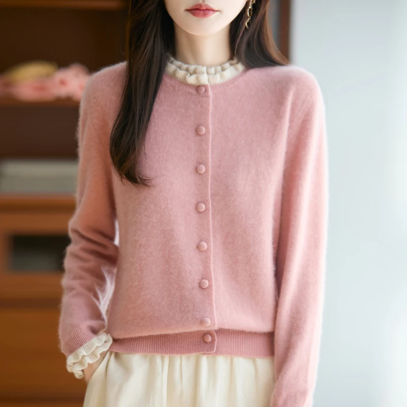 

Elegant Women 100% Merino Wool Sweater Fake Two-Pieces O-neck Ruffled Edge Cardigan Comfy Chic Autumn Winter Warm Knit Blouse