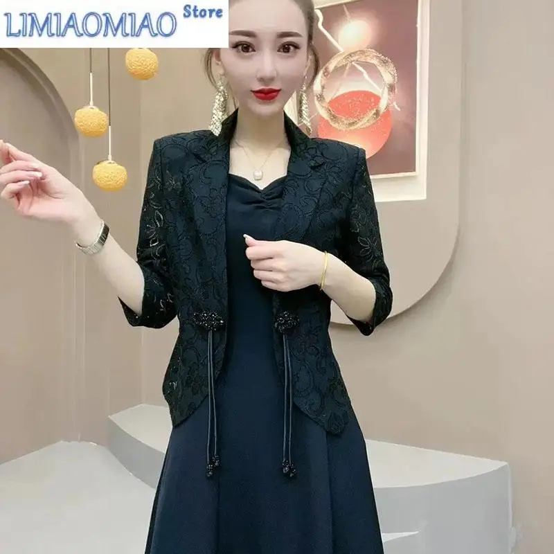 Women Blazer Jacket Spring Summer Thin Cardigan Sun Protection Clothing Hollow Lace Three-quarter Sleeve Suit Top Ladies