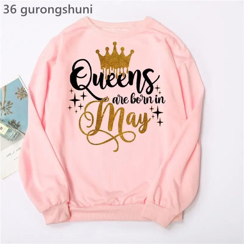 Birthday Gift Pink Hoodies Women Clothes 2024 Golden Crown Queen Are Born In January To December Graphic Print Sweatshirt Femme