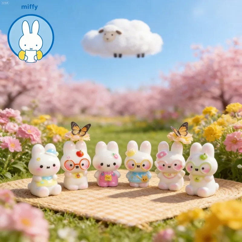Kawaii Miffy Cartoon Resin Glasses Little Rabbit Miffy Small Ornament Desktop Car Decoration Keychain Bag Pendant