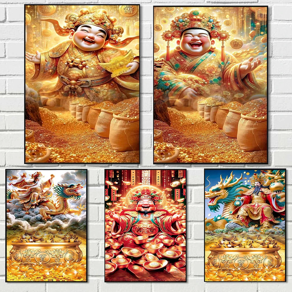 

Funny God of Wealth Canvas Painting Wall Art Luxury Golden Lucky Money Gods Poster Prints For Office Living Room Home Decor