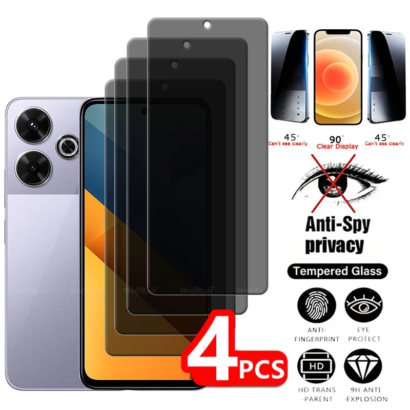 

4Pcs For Poco M6 Glass Xiaomi Poco M6 PocoM6 Tempered Glass 9H HD Privacy Anti-Spy Cover Glue For Screen Protector Poco M6 6.79"