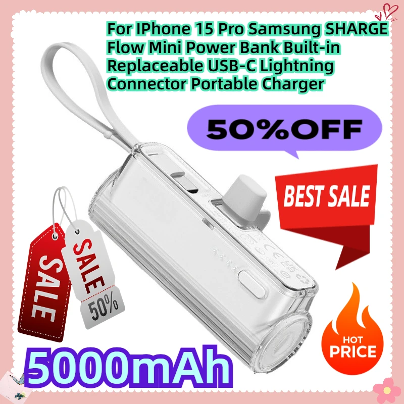 

For IPhone 15 Pro Samsung SHARGE Flow Mini Power Bank Built-in Replaceable USB-C Lightning Connector 5000mAh Portable Charger