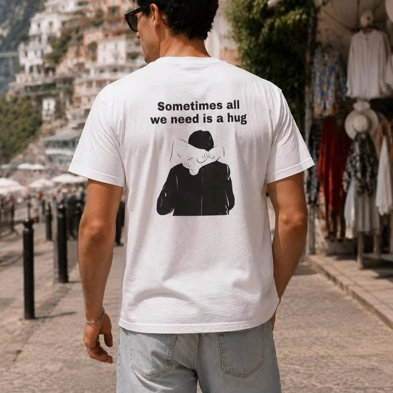 Sometimes All We Need Is a Hug Minimalist Line Art Graphic T‑shirt Unisex Washed Cotton Harajuku Y2K Short Sleeve Streetwear Top