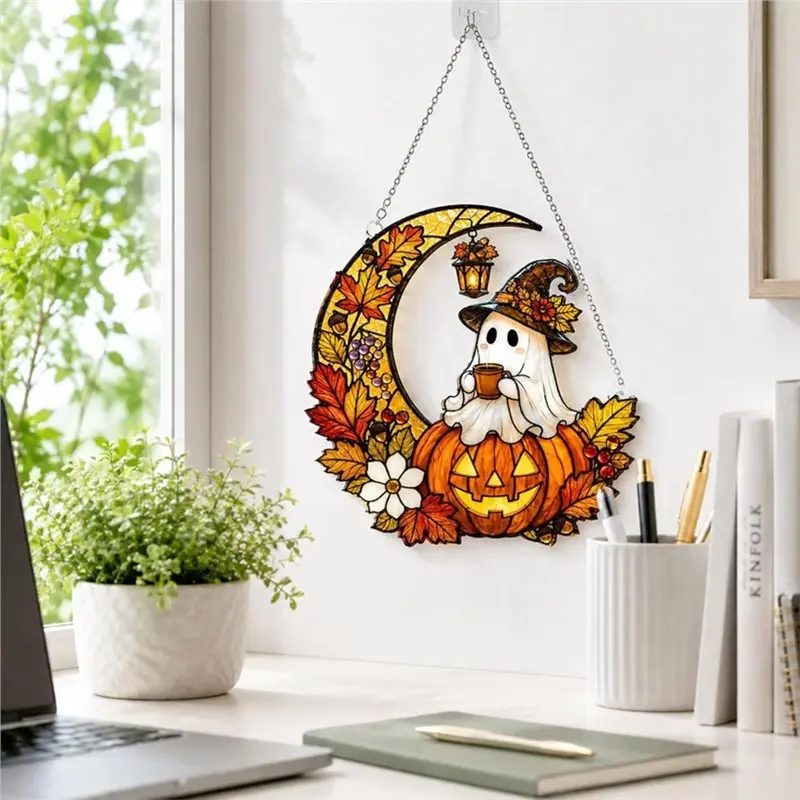A25F-Ghost Pumpkin Ornament, Faux Stained Glass Halloween Suncatcher For Women, Basket Stuffers, Fall Decor Cute