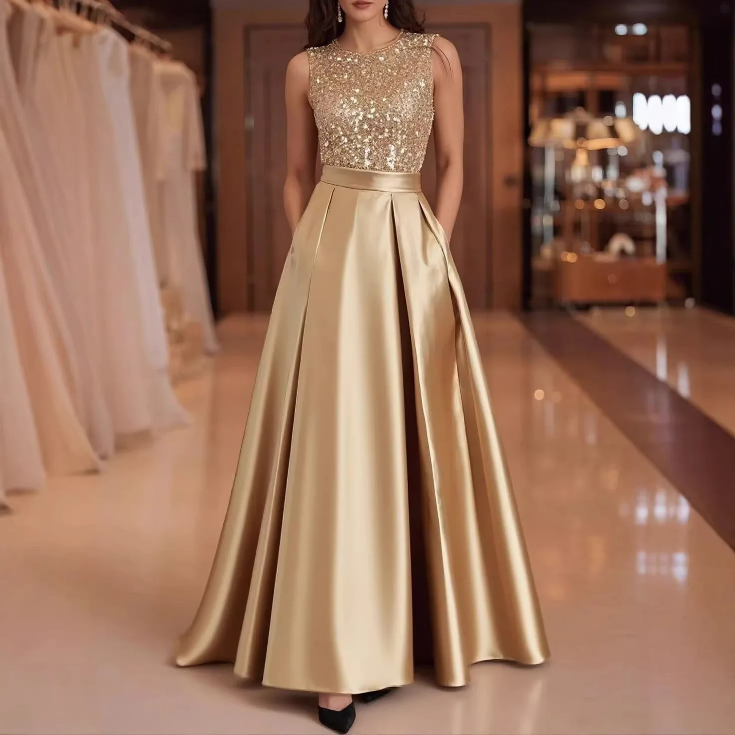 Abito da sera in raso senza maniche con scollo rotondo e corpetto di paillettes, linea ad A, lunghezza al pavimento, con tasche, per cerimonie, balli di fine anno e matrimoni
