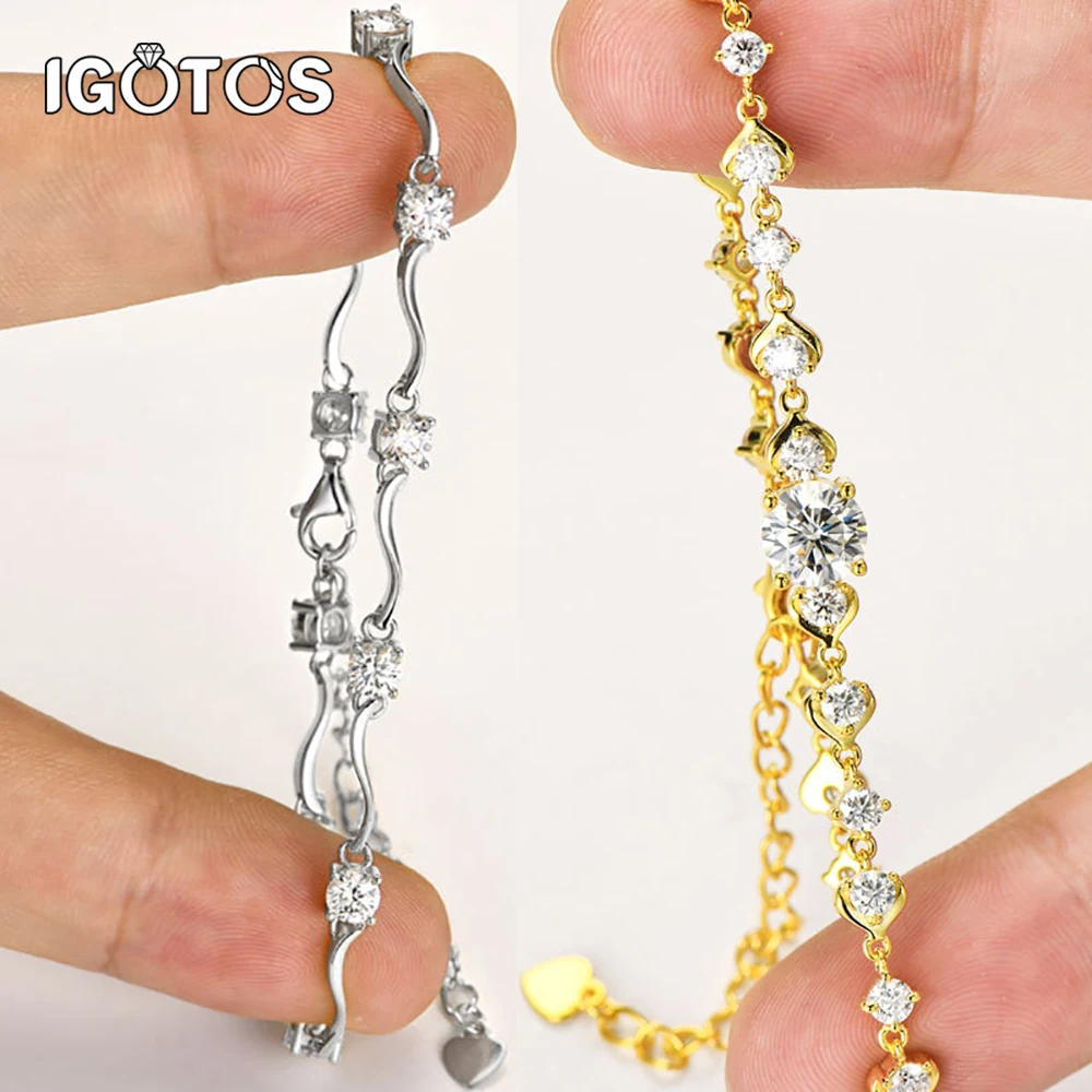 

IGOTOS 3cttw бамбуковый узел полный муассанит браслет для женщин регулируемая цепочка в форме сердца S925 серебро позолоченные ювелирные изделия