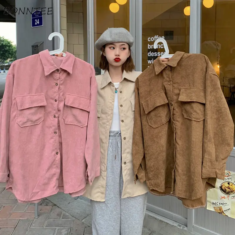 

Shirts Women Solid Chic All-match Retro Students Ulzzang Comfortable New Sweet Mujer Clothes Autumn Simple Pocket Basic Popular