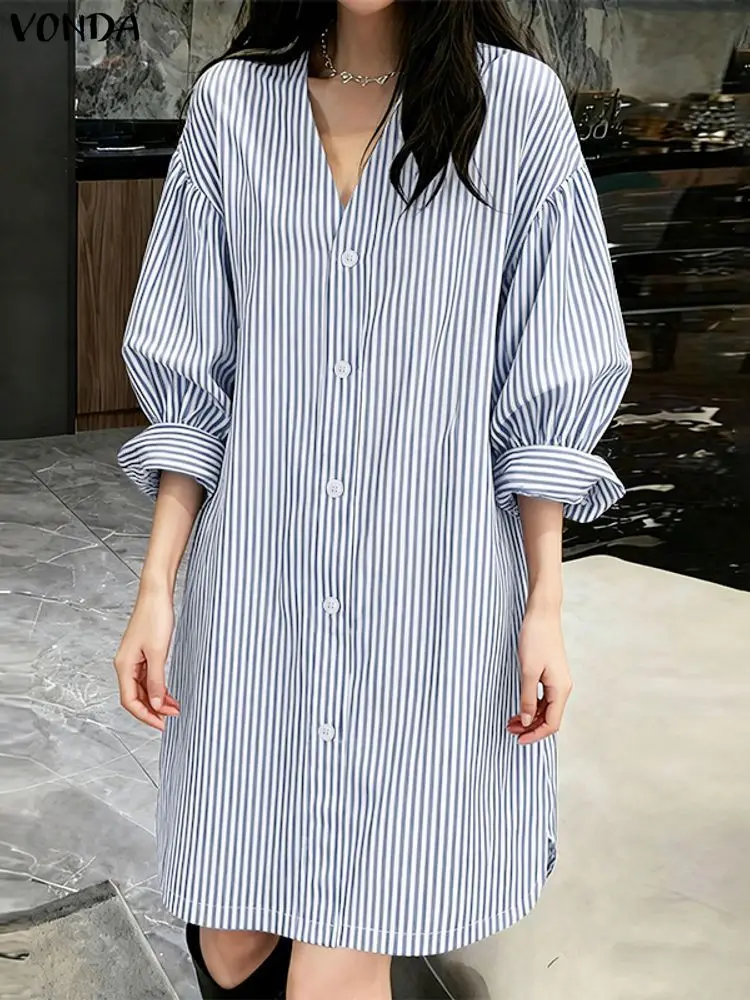 VONDA mode robes rayées femmes chemise longue 2025 printemps été Mini robe d'été col en v manches bouffantes décontracté coréen robes courtes