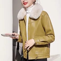 2023 Autumn Winter New Big Hair Collar Motorcycle Clothing Plus Thick Short Slim Casual Loose Pu Leather Coat Female Trend
