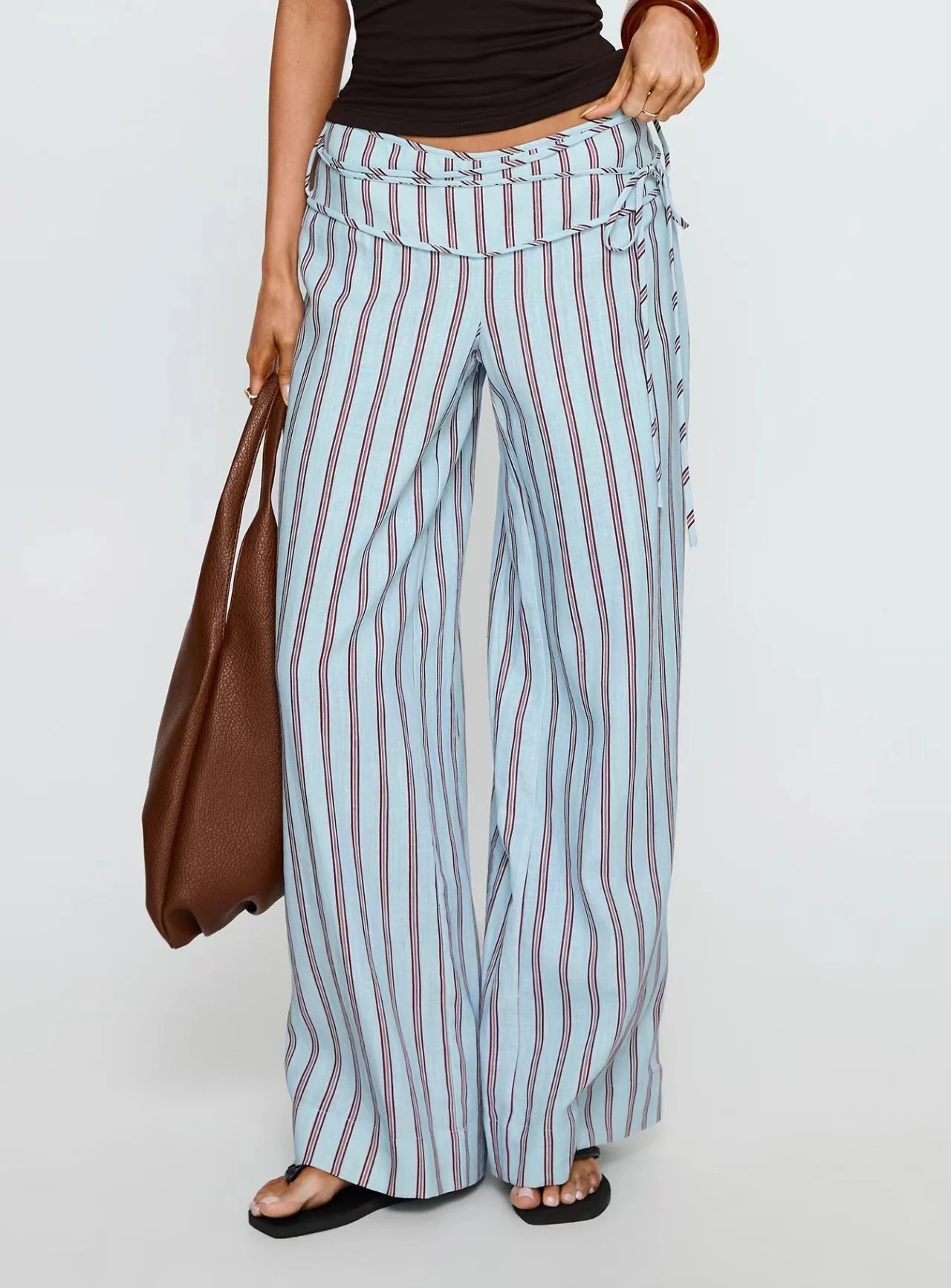 Fashionable Casual Loose Striped Wide Leg Pants High Waist Polyester Ladies Trousers Knot Rope Long Pants Spring 2026