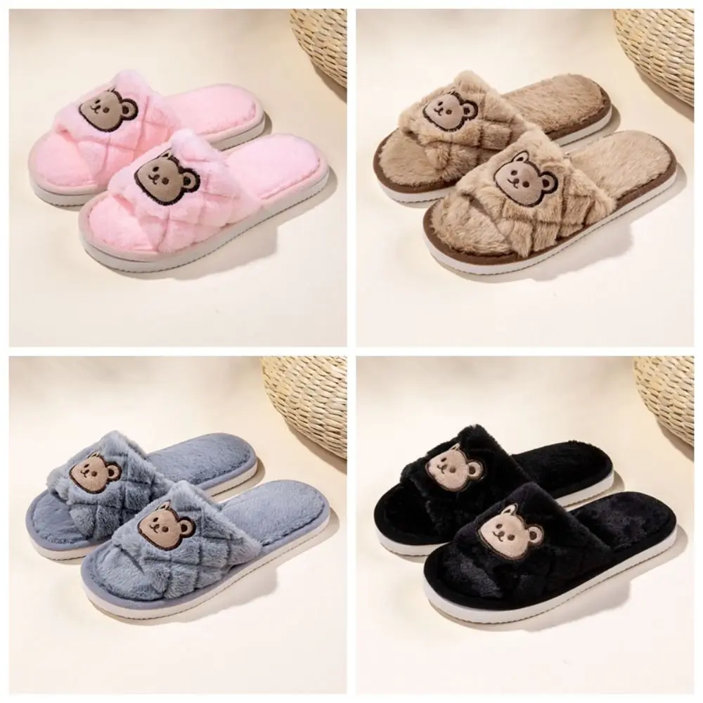 

Sweet Fluffy Plush Bear Slippers Cartoon Anti-Slip Warm Slippers Winter Open-toe Thicken Flat Plush Shoes Indoor