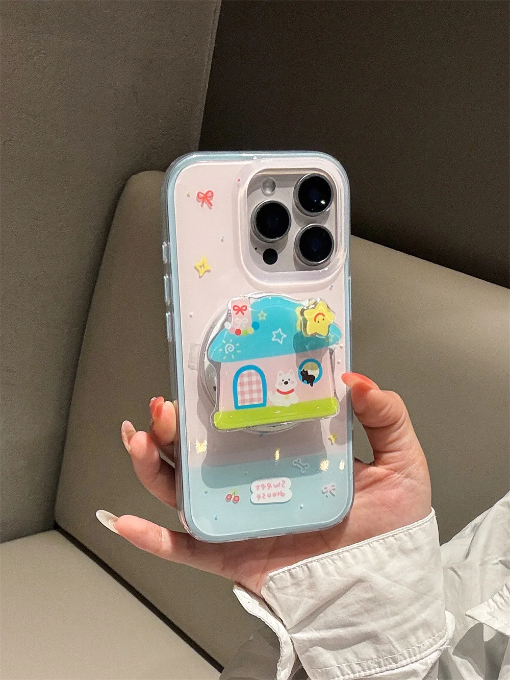 

Korean INS cute House Magnetic Stand Phone Case For iPhone 14 15 16 Pro Max 15 Fundas Rotate Star Cartoon Protective Cover