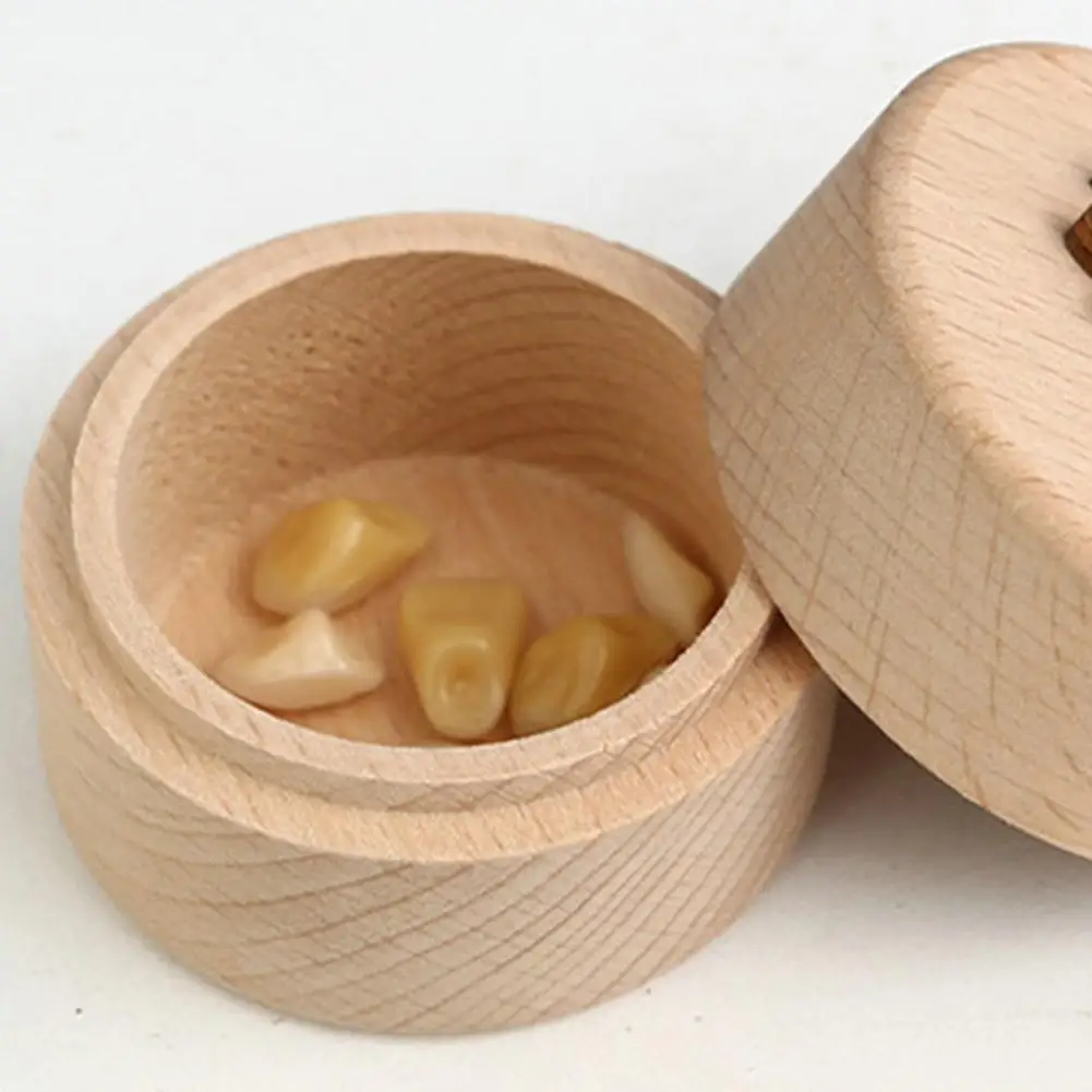 Milk Tooth Container Box Wood Baby Teeth Box Cute Cartoon Keepsake Storage Container Small Round Tooth Saver for Baby Shower
