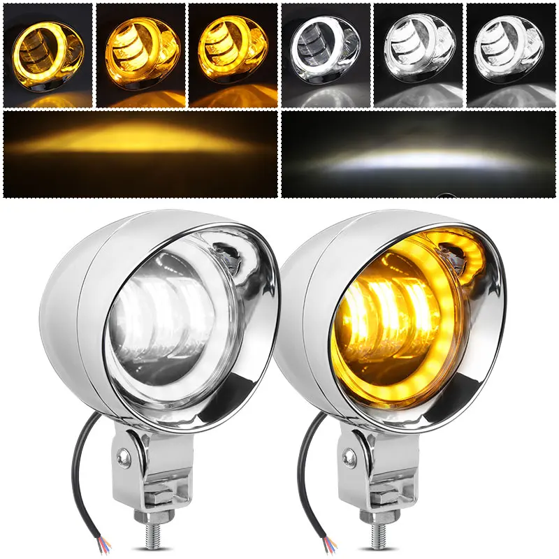 

Пара светодиодных прожекторов для мотоциклов «Ангельский глаз», хромированная светодиодная пуля, двухцветная вспомогательная точечная противотуманная фара, дополнительная светодиодная фара 12 В