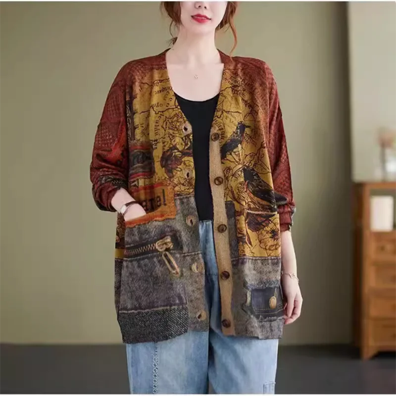 New Women Loose Sweater Ladies Colorful Patchwork V neck Jacket Knitted Outerwear Top Y2K Female Spring Autumn Chic Knit Sweater