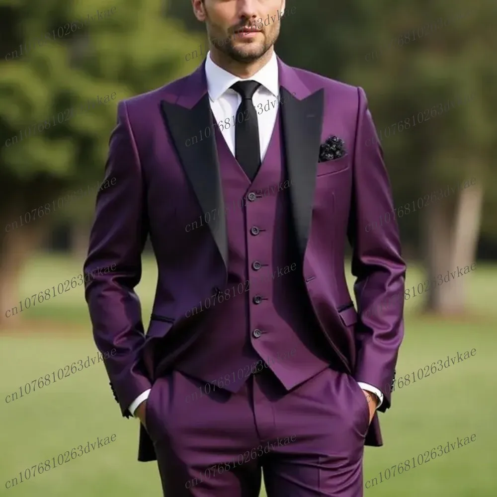 

New Black Collar Purple Formal Men Suit Groom Groomsman Wedding Party Prom Business Male Tuxedos 3 Piece Set Blazer Vest Pants