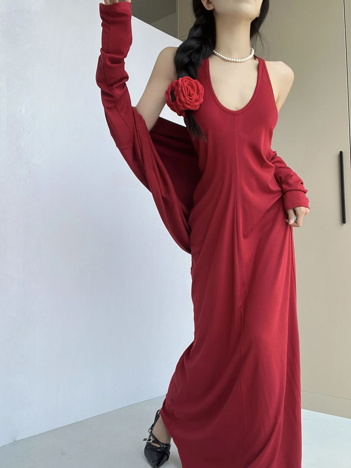 Red Batwing Sleeve Open Cardigan Slim Fit Dress Women's Beach Vacation Loose Long Skirt Set Elegant Casual Spring Autumn