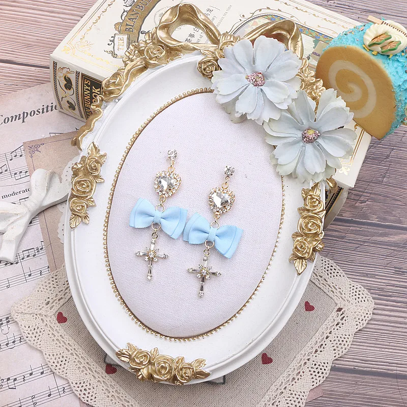 Pendientes de lazo azul claro y suave, Clips para sin piercing en la oreja, pendientes de amor cruzados con diamantes de imitación para mujer, pendientes con aguja de plata 925