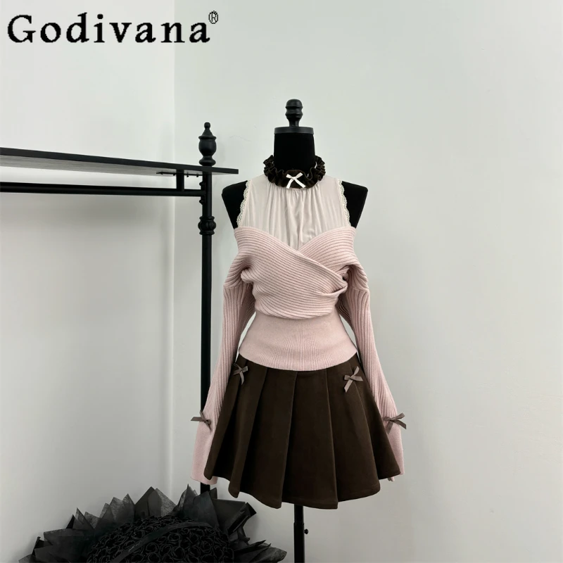 Japanese Style Cute Sweet Pink Knitted Sweater Womans Off-Shoulder Fake Two-piece Neck Knitwear Top Lady Shorts Skirt Mujer