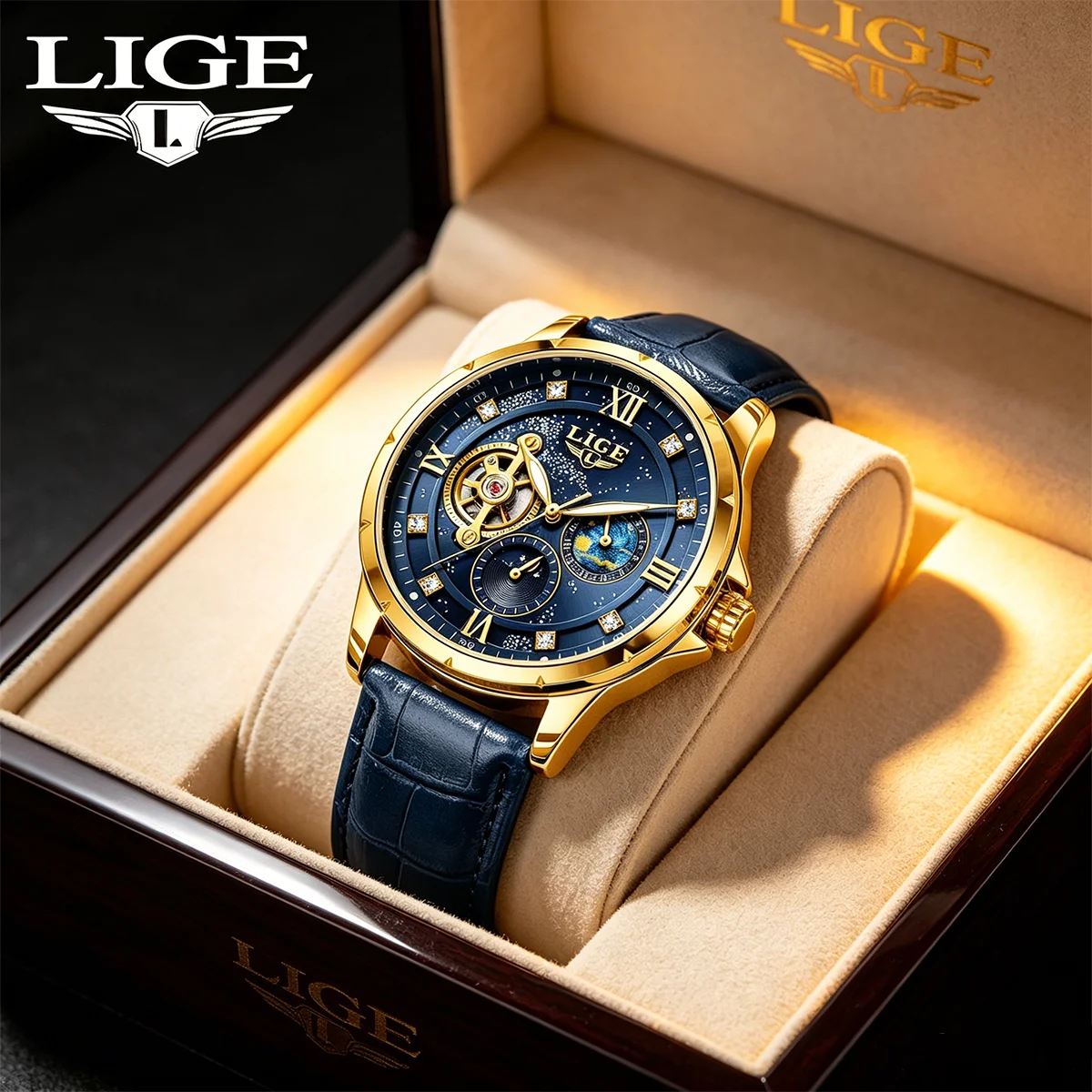 

LIGE Luxury Men Watch Mechanical Leather Fashion Diamonds Automatic Mens Watch 30M Waterproof Luminous Wristwatches Reloj Hombre