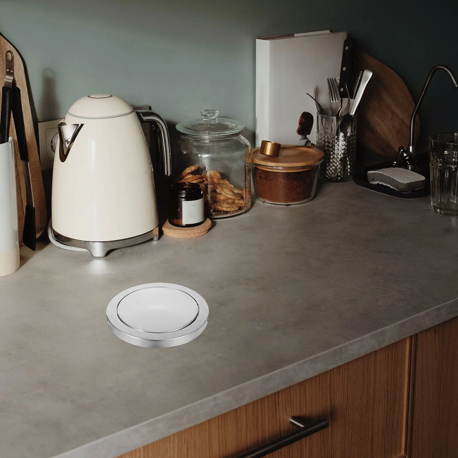 Swing Flap Trash Bin Lid Stainless Steel Recessed Trash Can Cover Embedded Round Kitchen Countertop Waste Lid 21.5-24Cm Opening