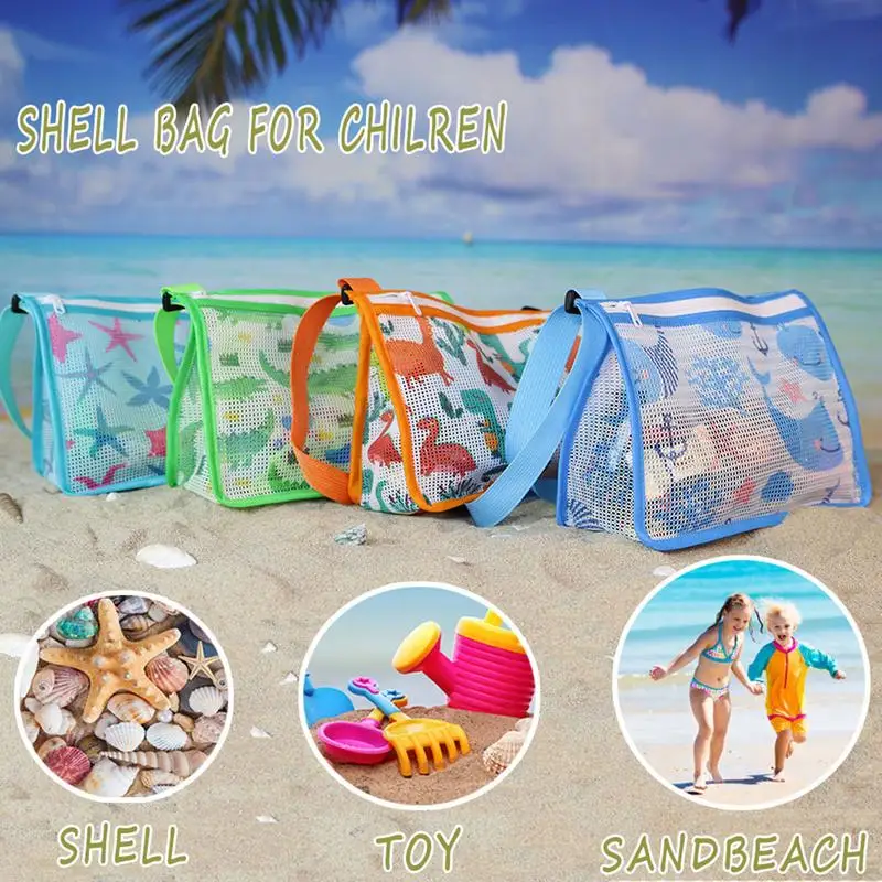 Bolsa de praia infantil Mesh, organizador de brinquedos, net, zíper, ajustável, alça de ombro, bolsa de armazenamento, coleção Shell, verão