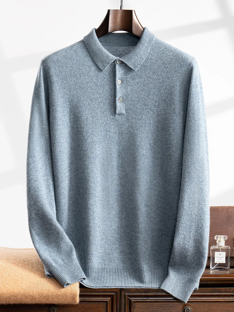 

High Quality Men 100% Cashmere Sweater Autumn Winter Long Sleeve Polo Pullover Smart Casual Knitwear Soft Warm Clothing Tops New