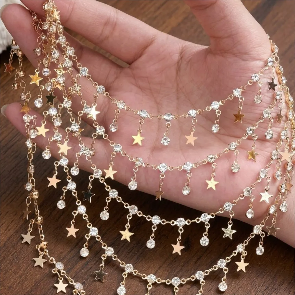 1Meter Sparkling Rhinestone Star Beaded Tassel Copper Chains DIY Bracelet Necklace Jewelry Making Supplies Clothing Accessories