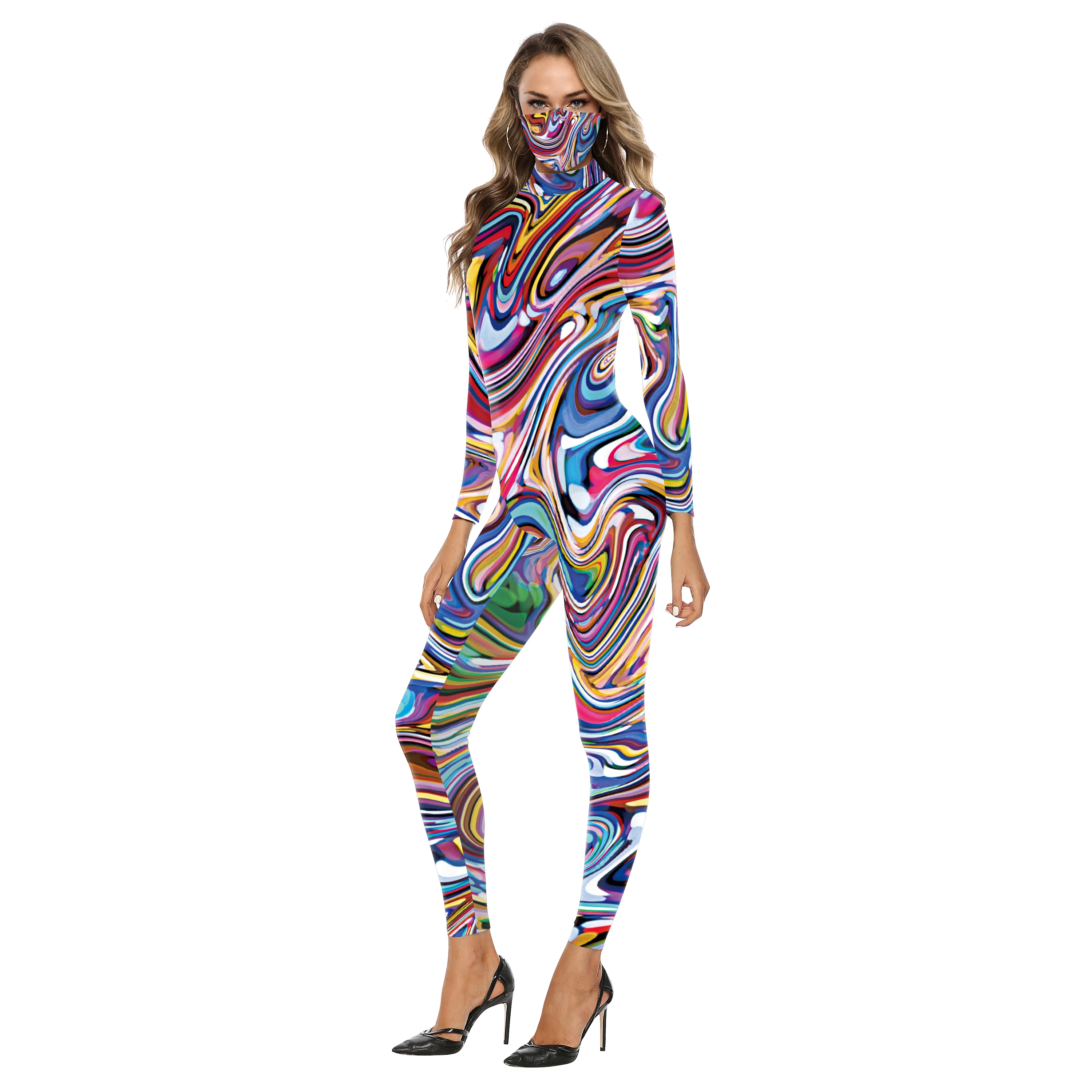 Macacão Listras Coloridas para Mulheres, Bodysuit Skinny, Spandex, Elasticidade Catsuit, Festa de Carnaval, Zentai, Halloween Cosplay Traje